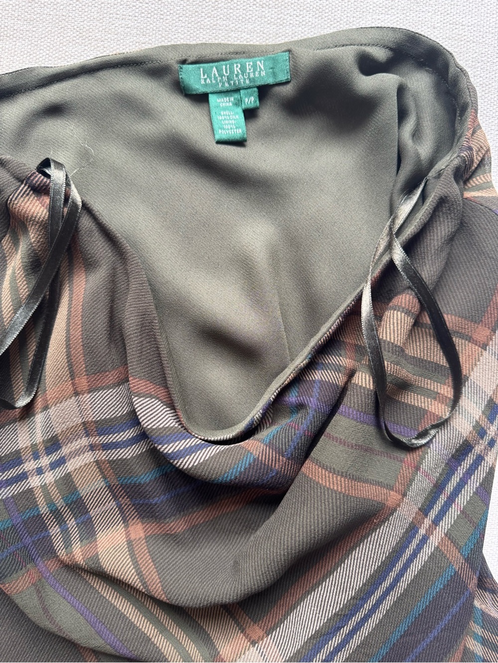 Vintage LAUREN by Ralph Lauren Olive Plaid Silk Slip Skirt - Picture 4 of 7